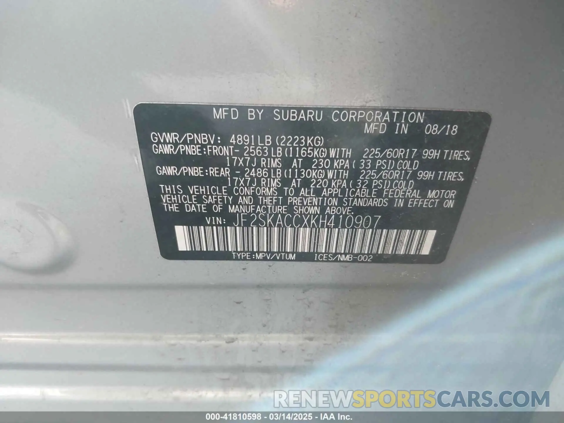 9 fotografías del automóvil dañado JF2SKACCXKH410907 SUBARU FORESTER 2019