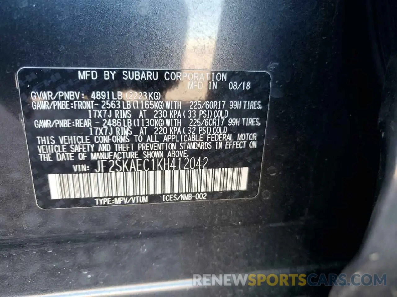 13 fotografías del automóvil dañado JF2SKAEC1KH412042 SUBARU FORESTER 2019
