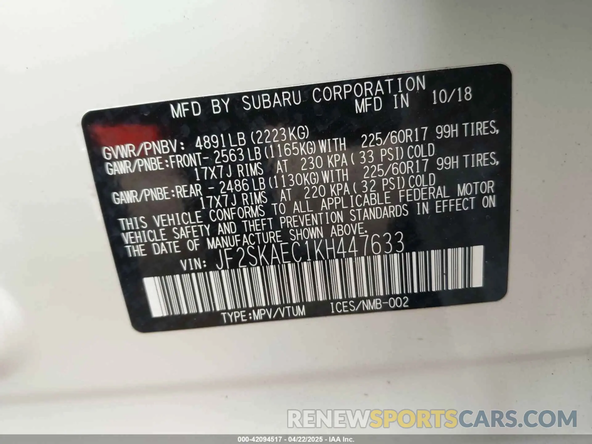 9 fotografías del automóvil dañado JF2SKAEC1KH447633 SUBARU FORESTER 2019