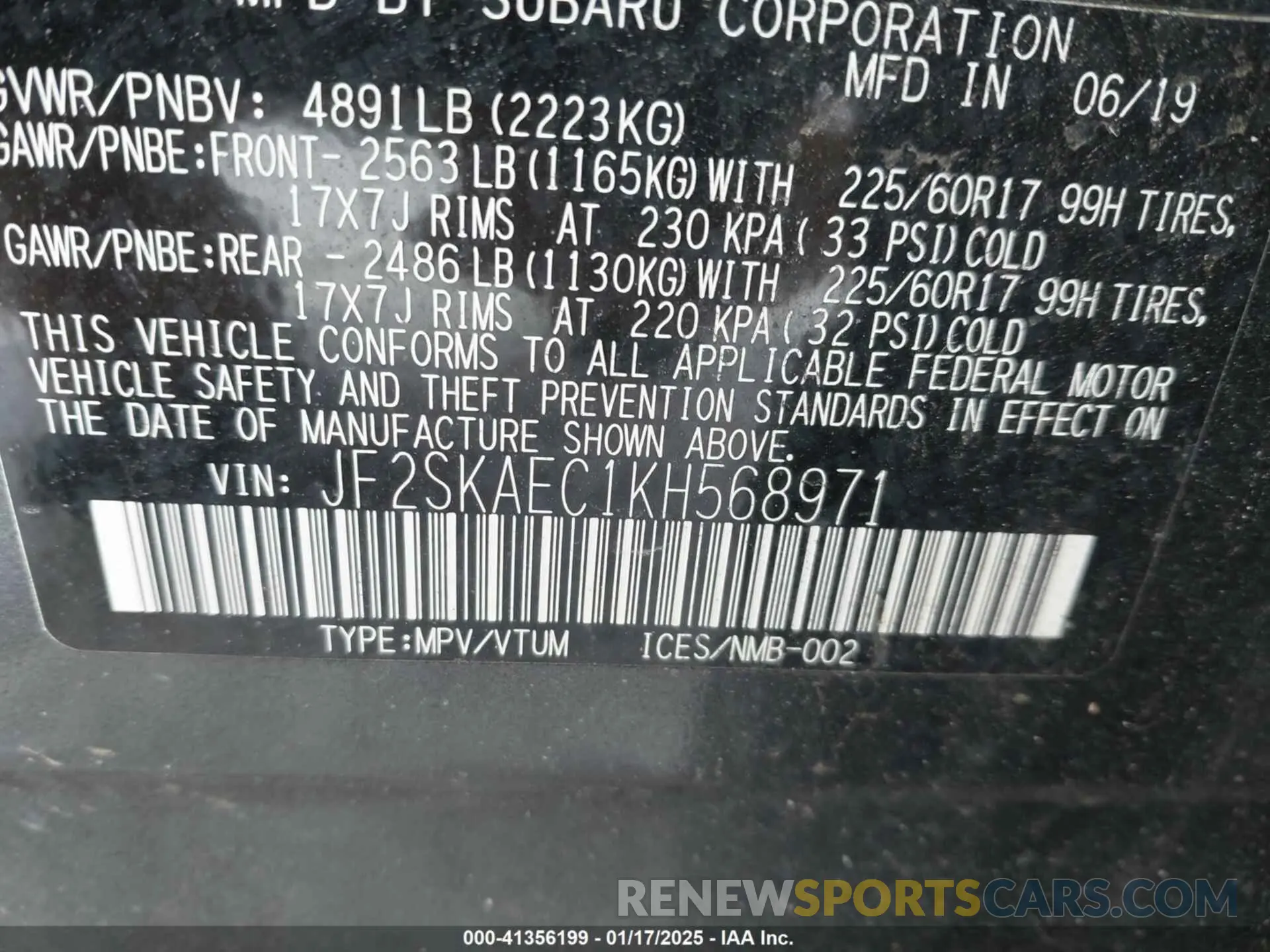9 fotografías del automóvil dañado JF2SKAEC1KH568971 SUBARU FORESTER 2019
