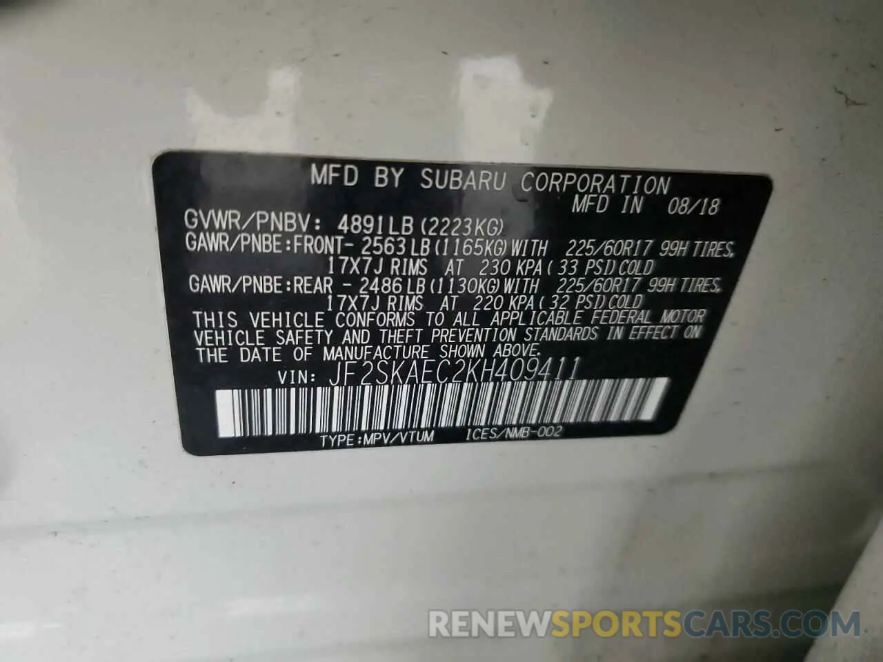 14 fotografías del automóvil dañado JF2SKAEC2KH409411 SUBARU FORESTER 2019