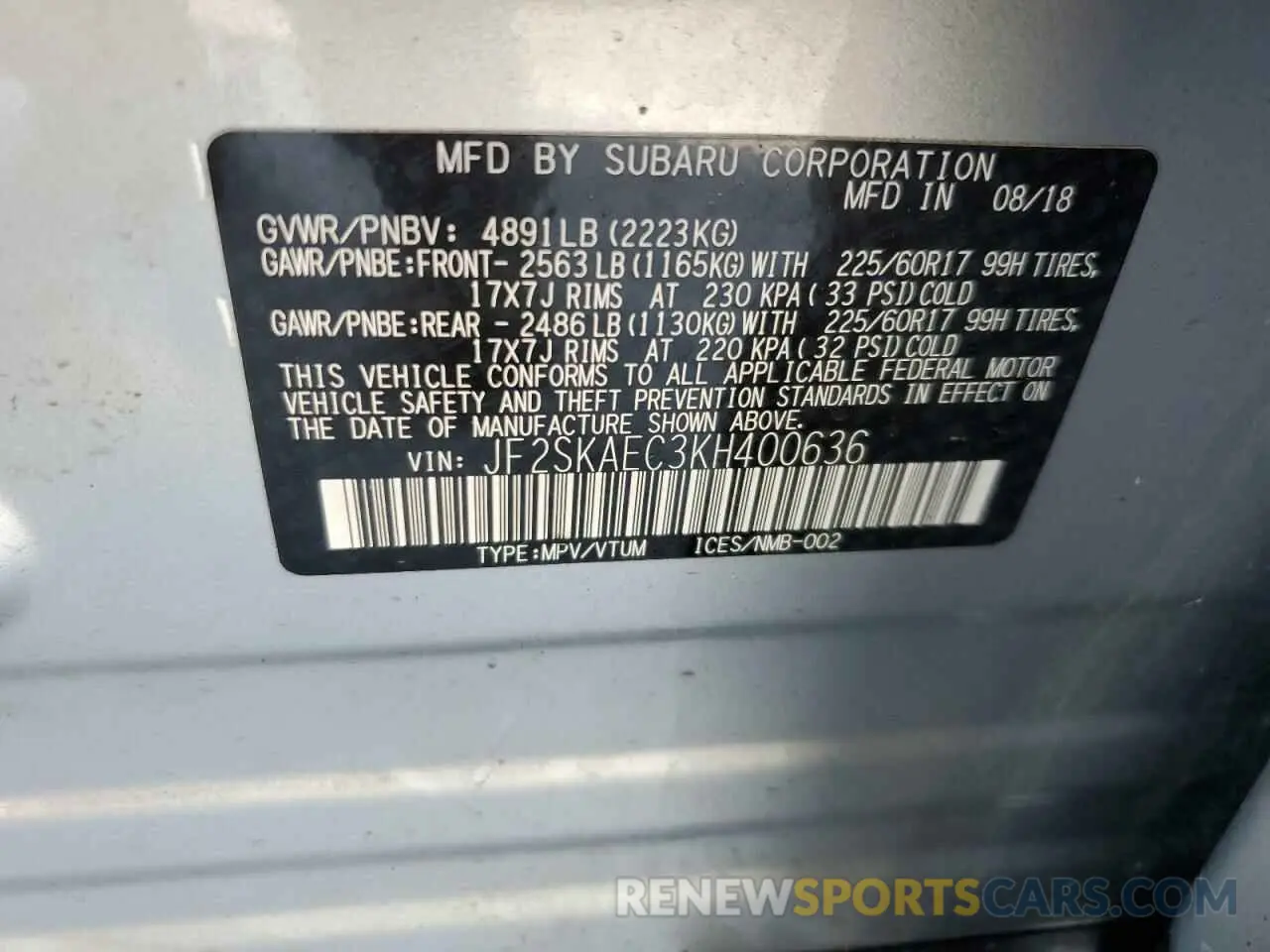 13 fotografías del automóvil dañado JF2SKAEC3KH400636 SUBARU FORESTER 2019