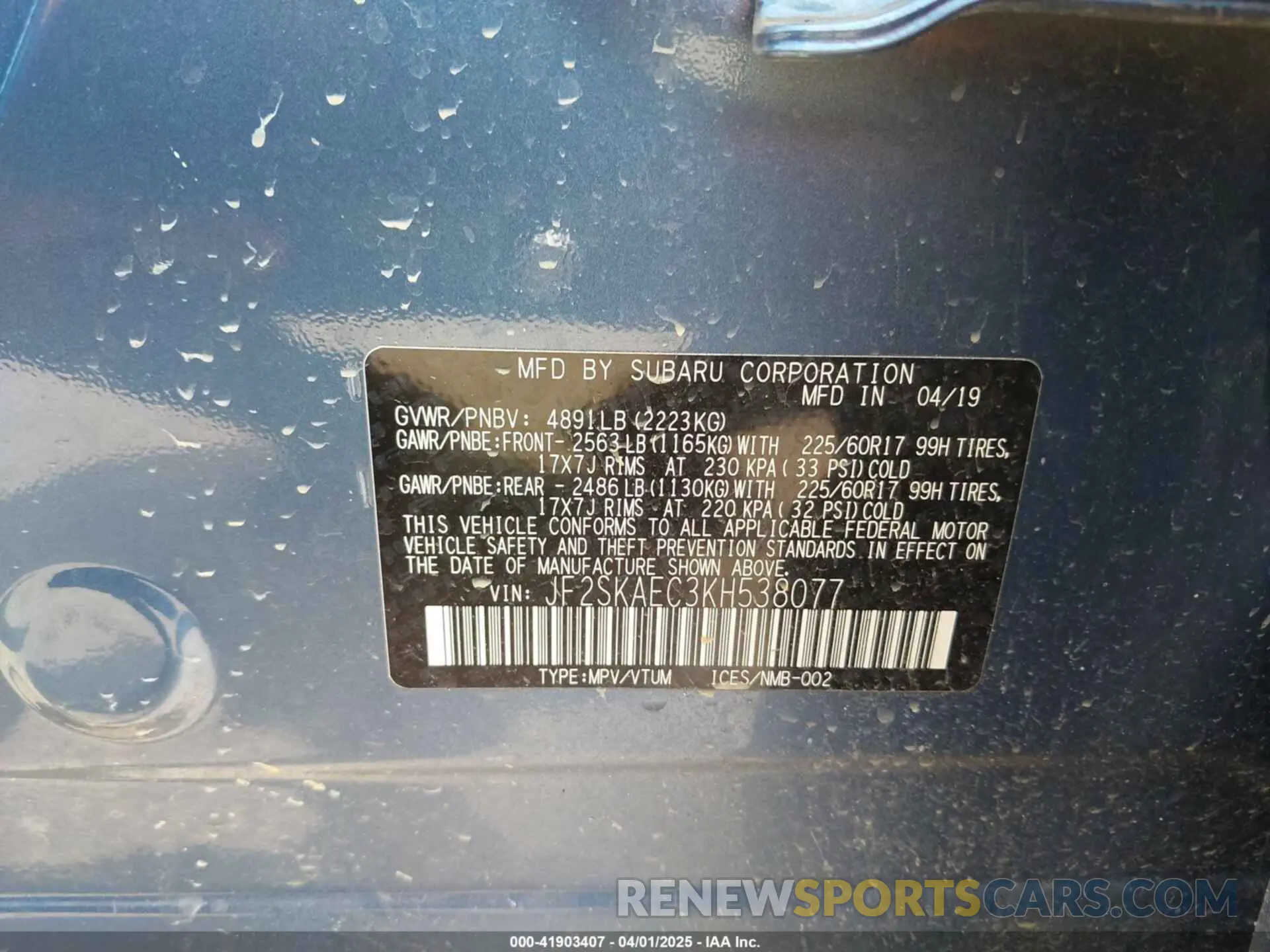 9 fotografías del automóvil dañado JF2SKAEC3KH538077 SUBARU FORESTER 2019