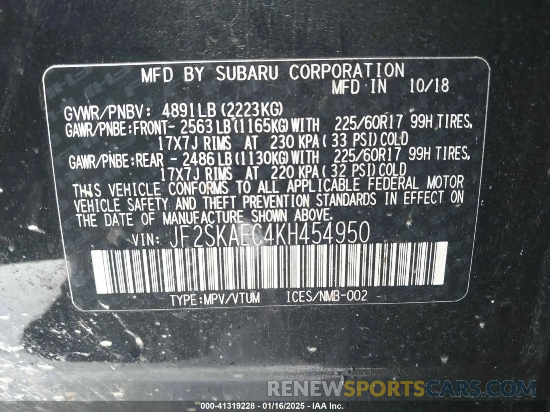 9 fotografías del automóvil dañado JF2SKAEC4KH454950 SUBARU FORESTER 2019