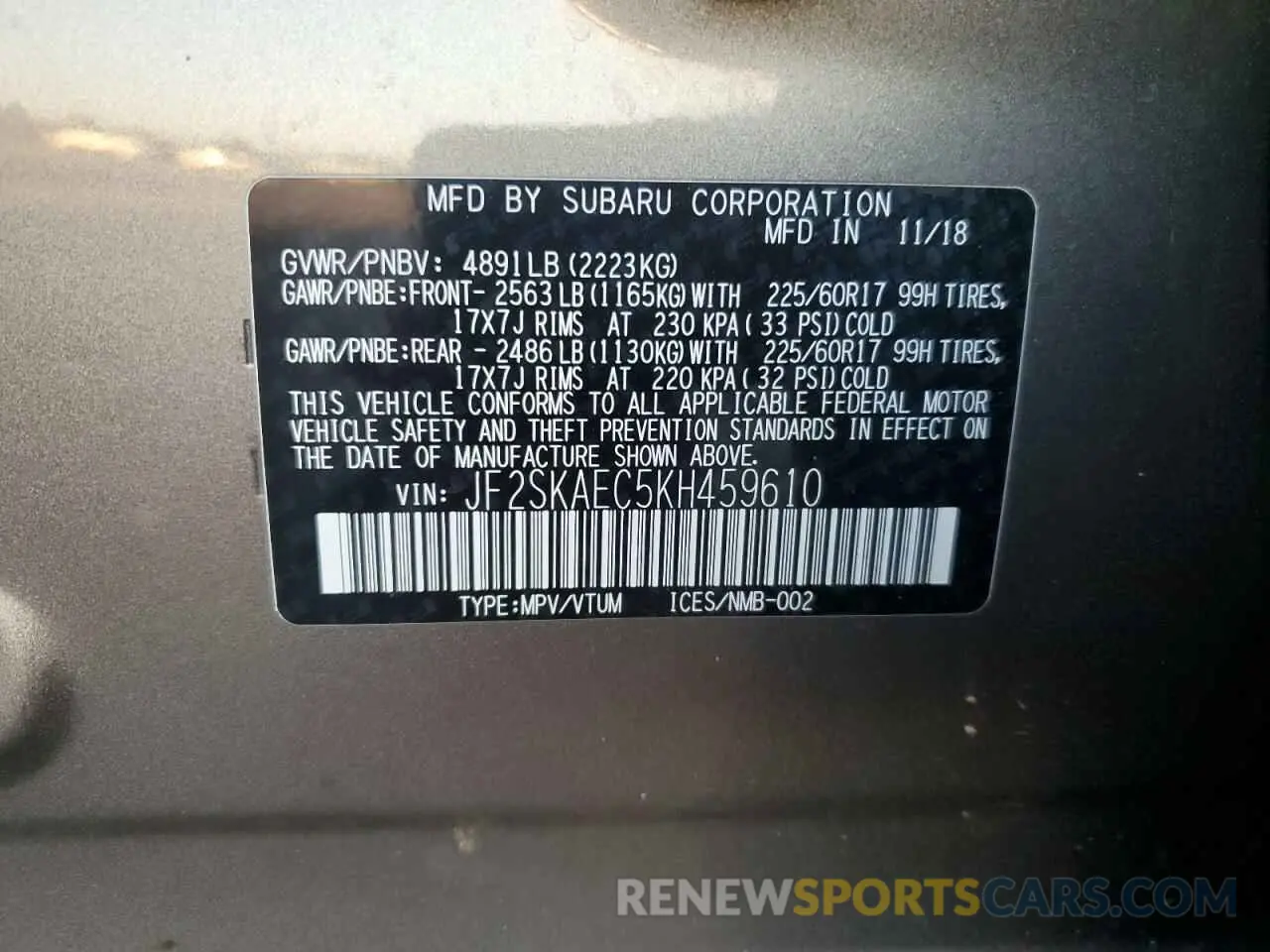 13 fotografías del automóvil dañado JF2SKAEC5KH459610 SUBARU FORESTER 2019