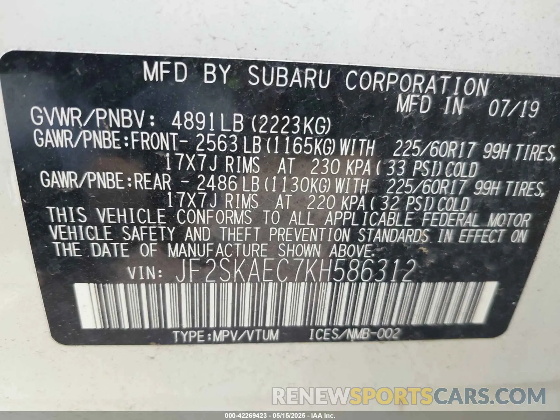 9 fotografías del automóvil dañado JF2SKAEC7KH586312 SUBARU FORESTER 2019