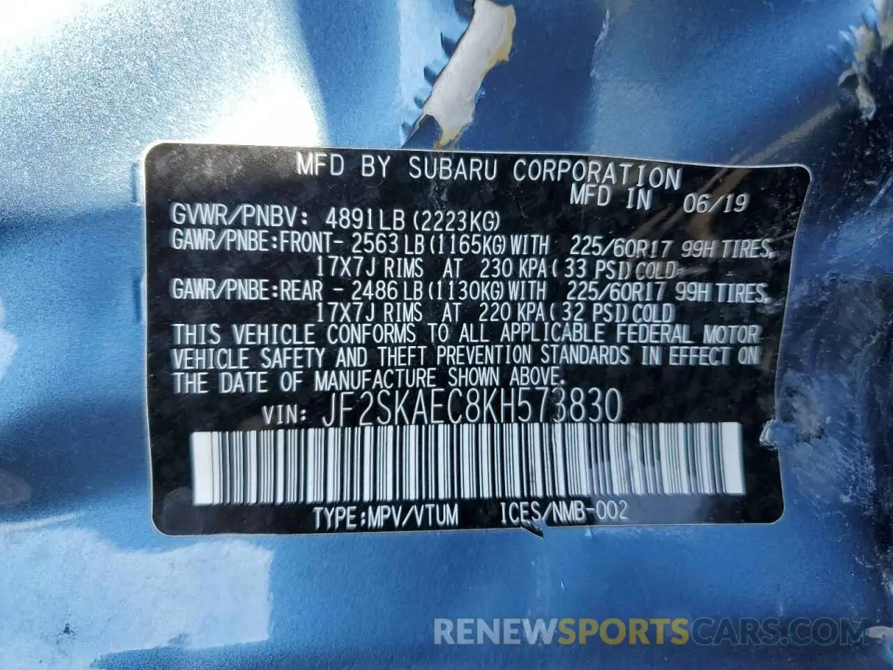 13 fotografías del automóvil dañado JF2SKAEC8KH573830 SUBARU FORESTER 2019