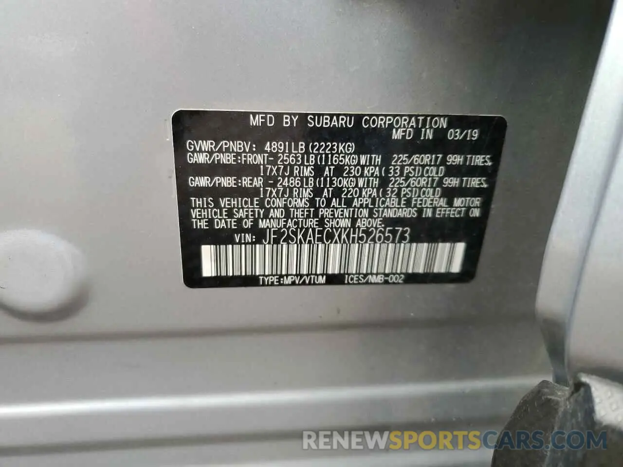 14 fotografías del automóvil dañado JF2SKAECXKH526573 SUBARU FORESTER 2019