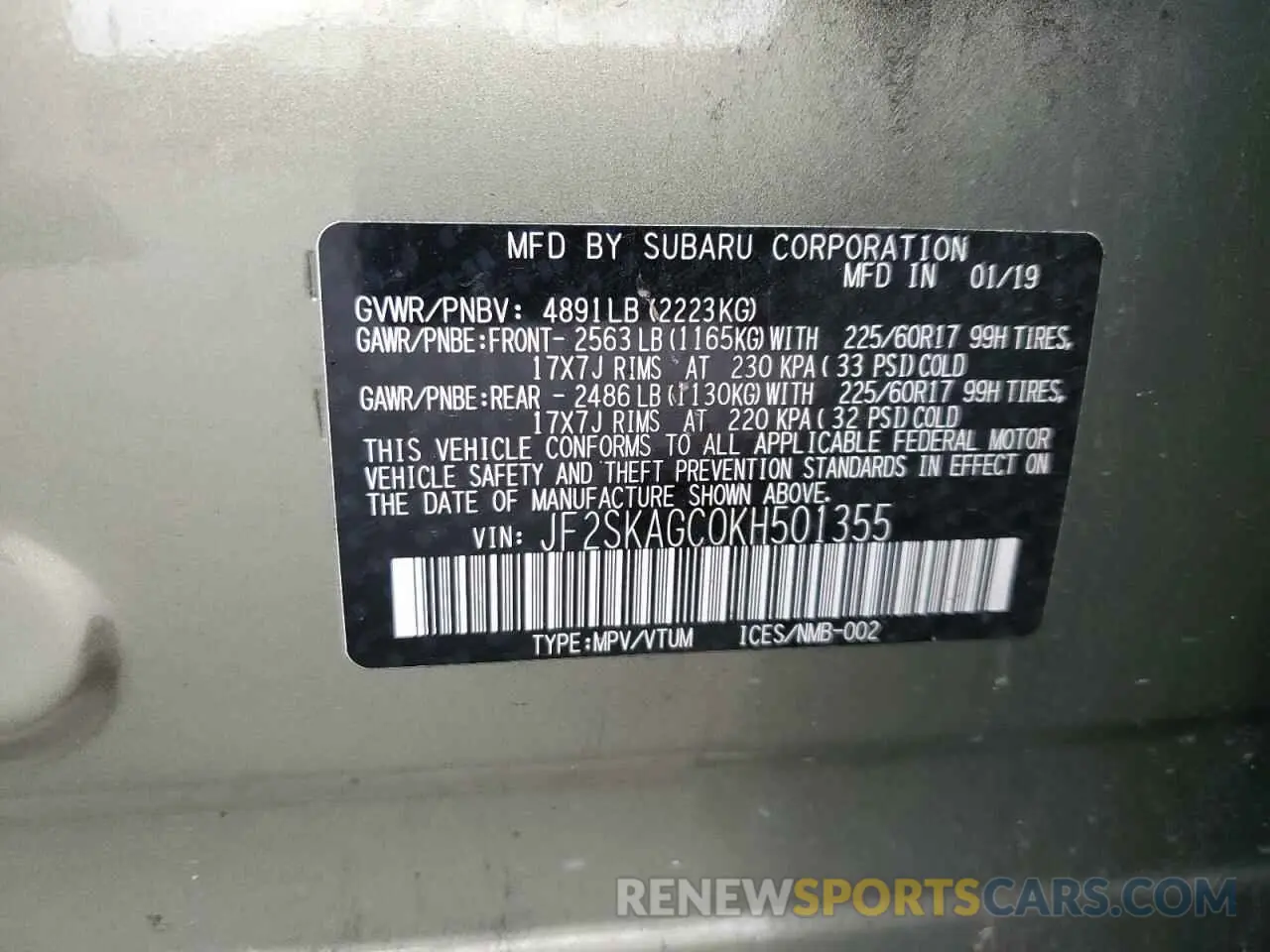 12 fotografías del automóvil dañado JF2SKAGC0KH501355 SUBARU FORESTER 2019