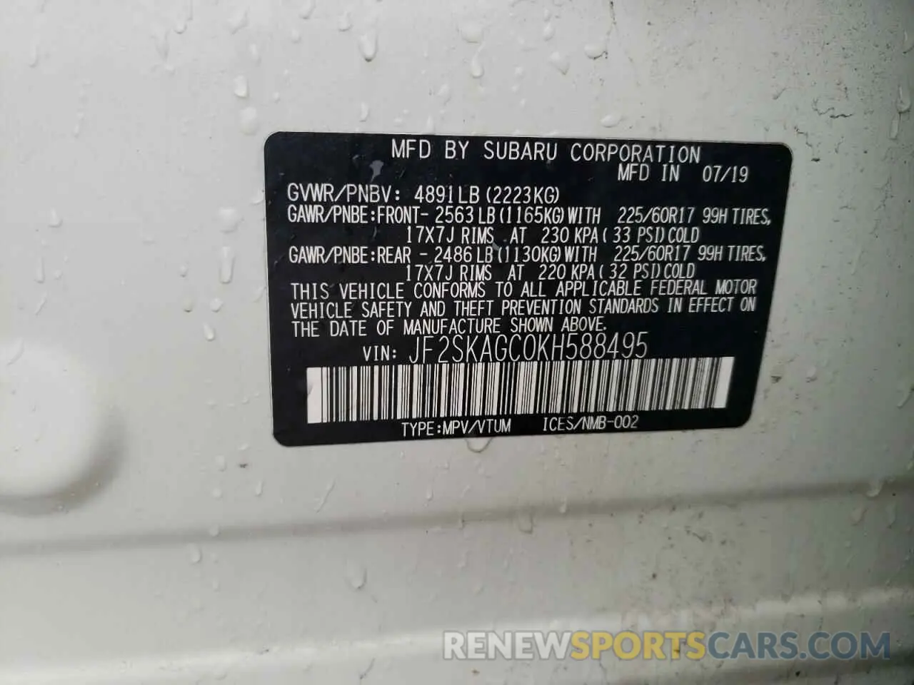 12 fotografías del automóvil dañado JF2SKAGC0KH588495 SUBARU FORESTER 2019