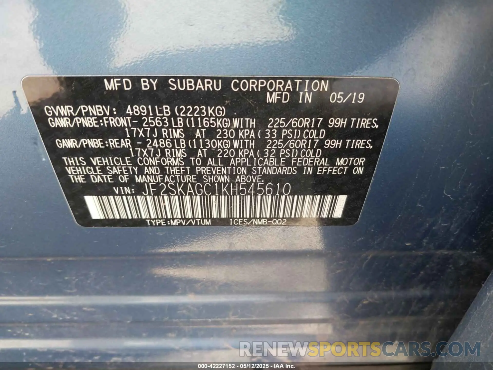 9 fotografías del automóvil dañado JF2SKAGC1KH545610 SUBARU FORESTER 2019