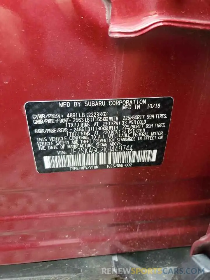 13 fotografías del automóvil dañado JF2SKAGC2KH449744 SUBARU FORESTER 2019