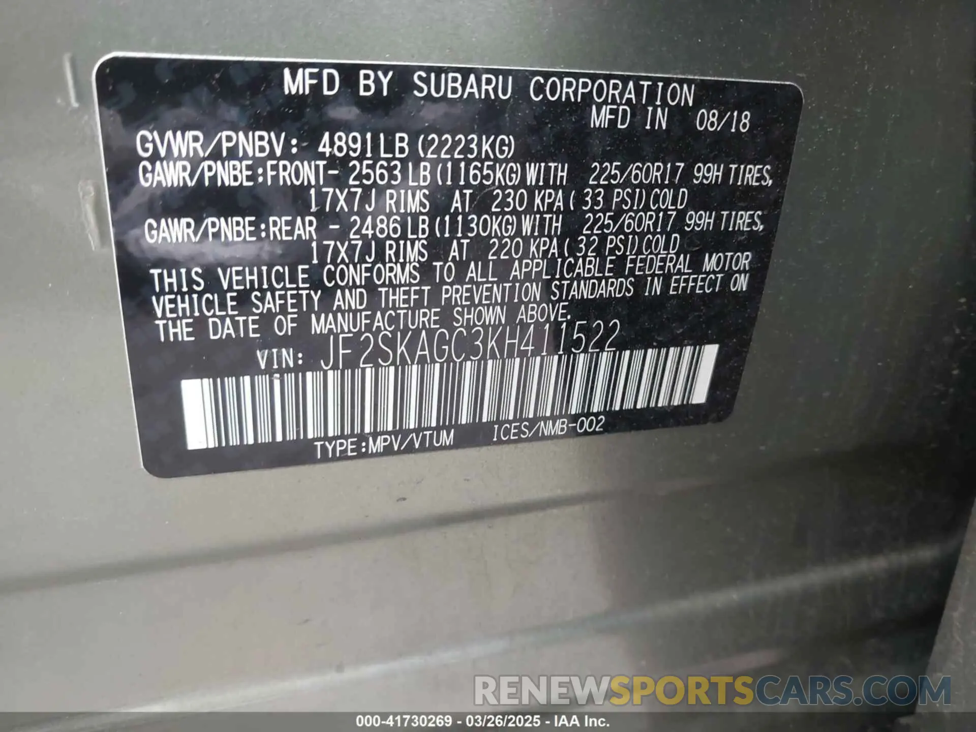 9 fotografías del automóvil dañado JF2SKAGC3KH411522 SUBARU FORESTER 2019