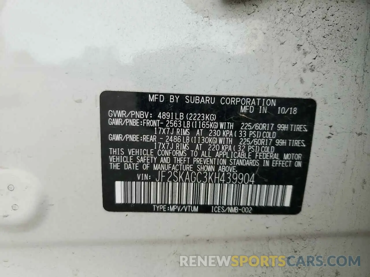 13 fotografías del automóvil dañado JF2SKAGC3KH439904 SUBARU FORESTER 2019