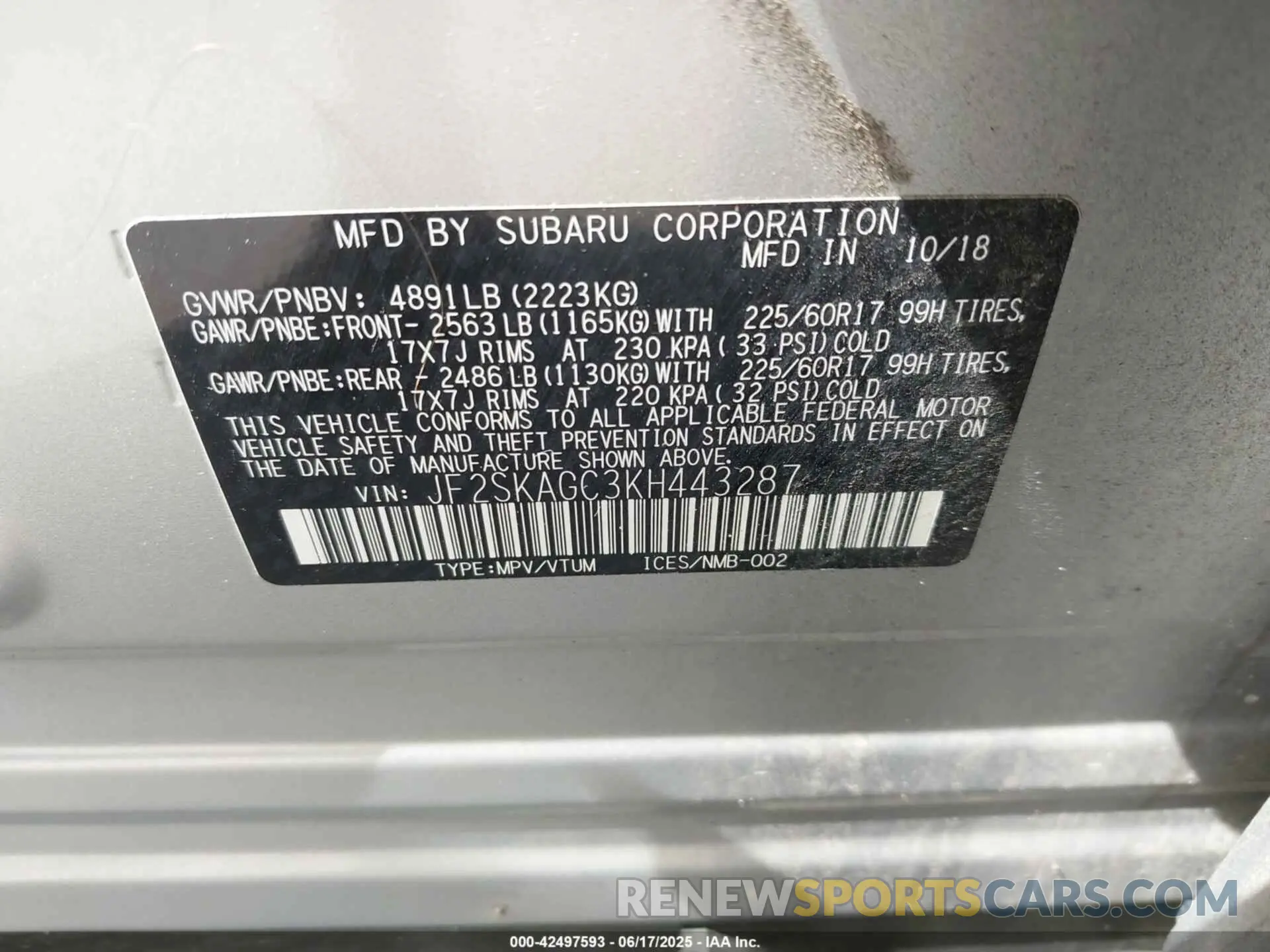 9 fotografías del automóvil dañado JF2SKAGC3KH443287 SUBARU FORESTER 2019