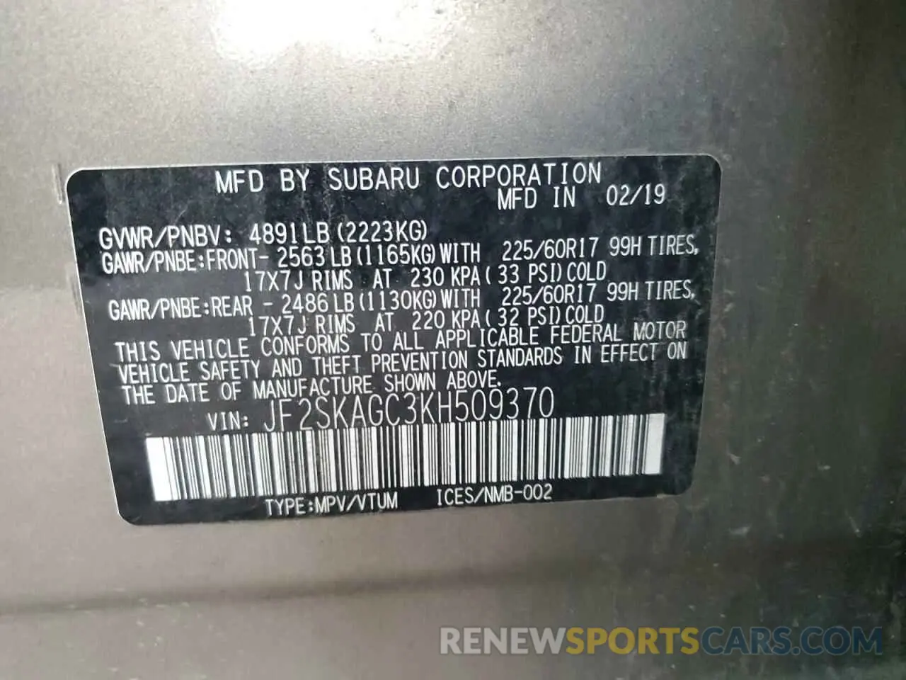 13 fotografías del automóvil dañado JF2SKAGC3KH509370 SUBARU FORESTER 2019
