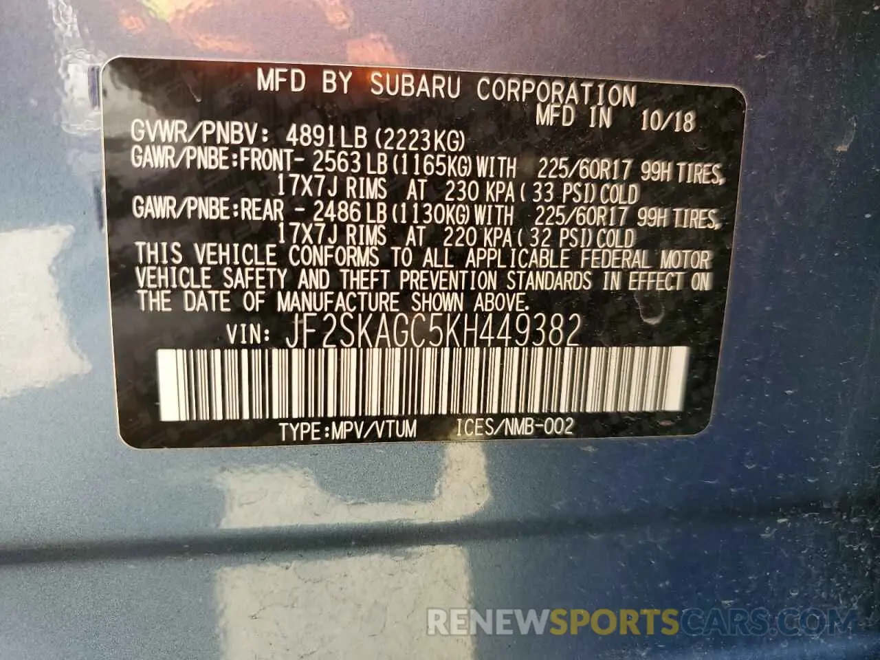 13 fotografías del automóvil dañado JF2SKAGC5KH449382 SUBARU FORESTER 2019