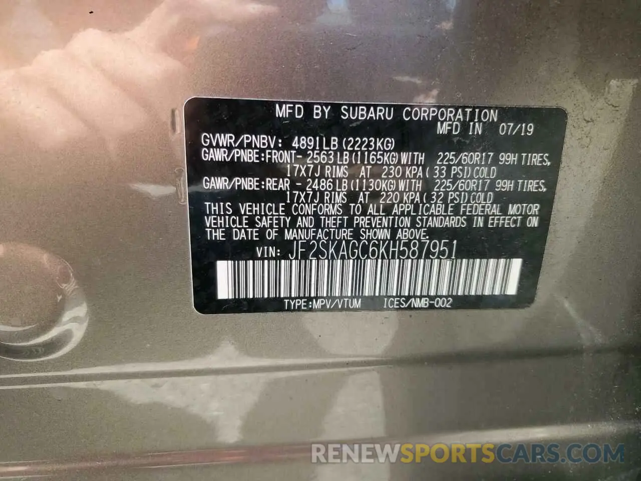 14 fotografías del automóvil dañado JF2SKAGC6KH587951 SUBARU FORESTER 2019
