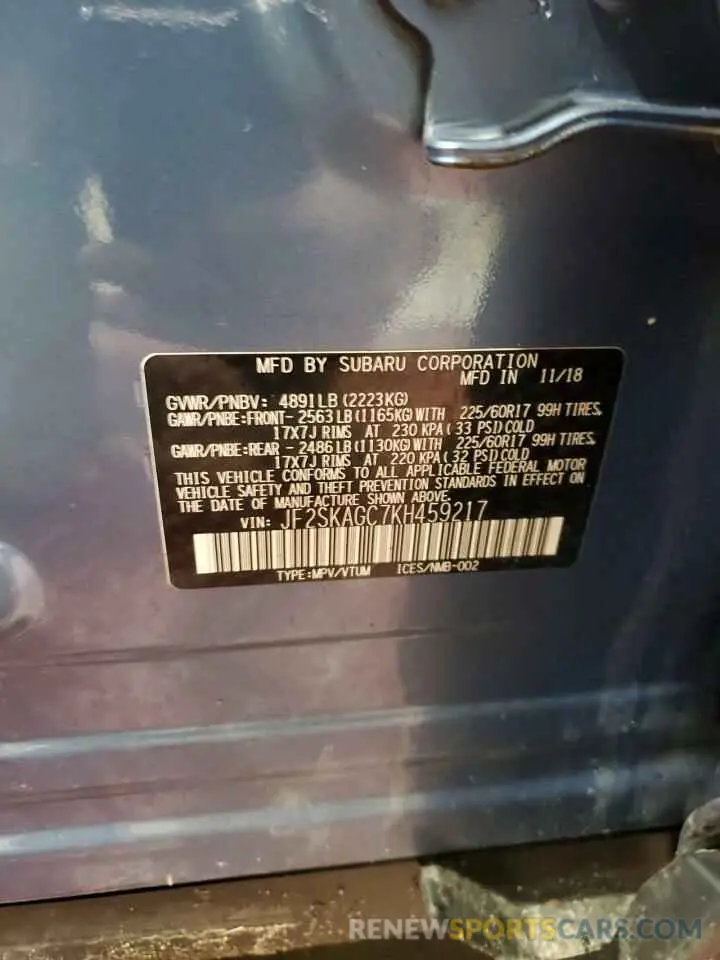 13 fotografías del automóvil dañado JF2SKAGC7KH459217 SUBARU FORESTER 2019