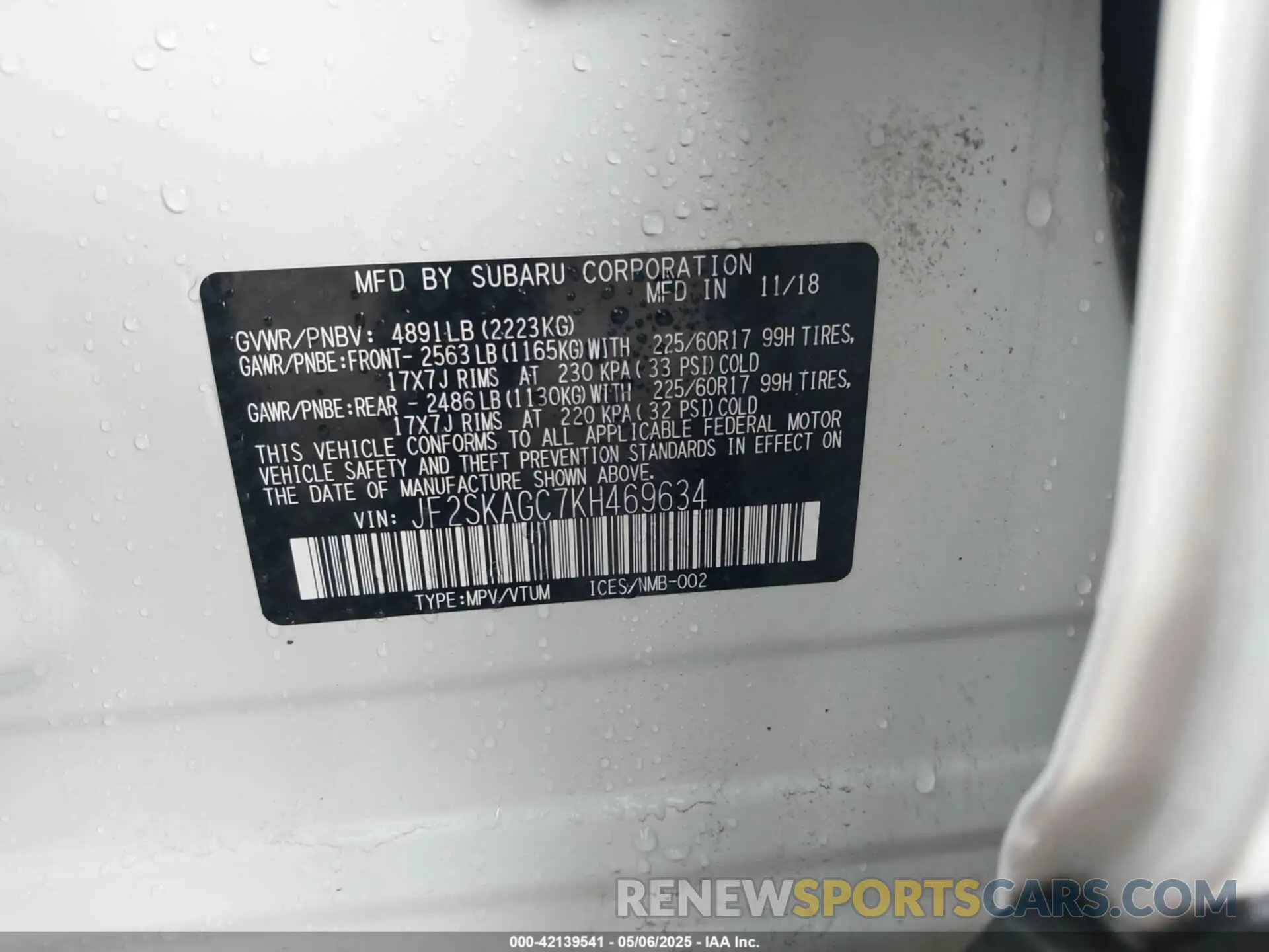 9 fotografías del automóvil dañado JF2SKAGC7KH469634 SUBARU FORESTER 2019