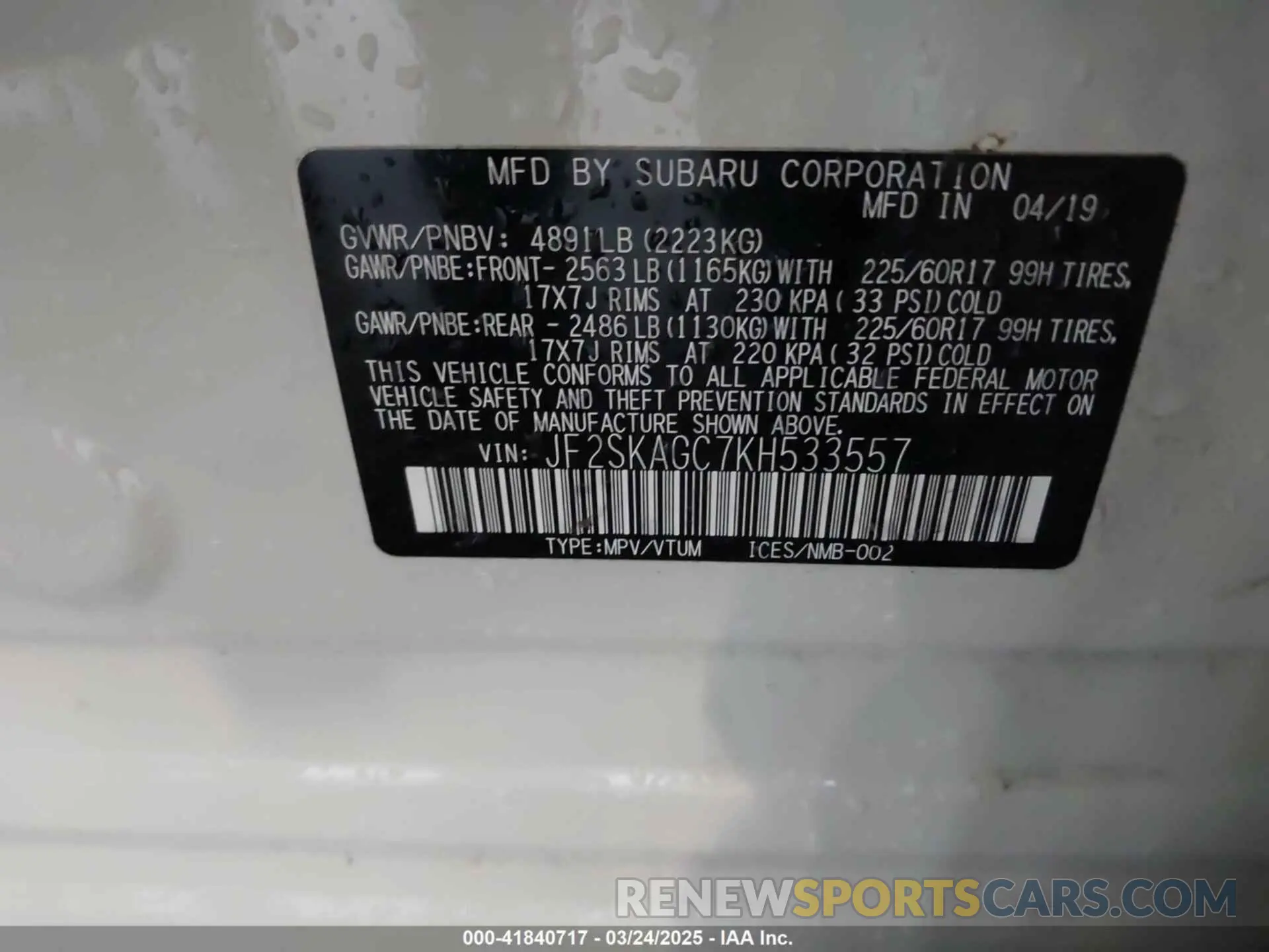 9 fotografías del automóvil dañado JF2SKAGC7KH533557 SUBARU FORESTER 2019