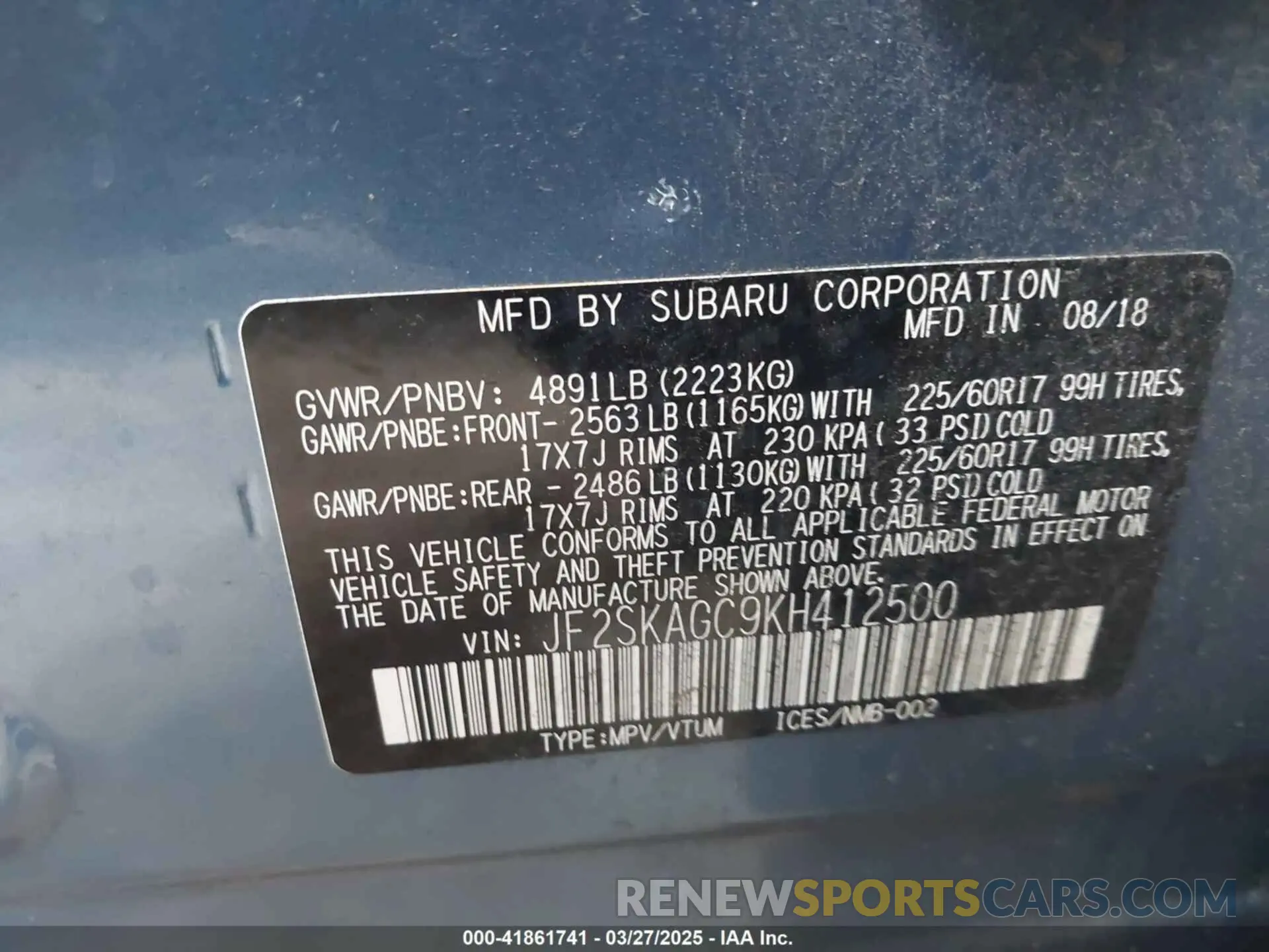 9 fotografías del automóvil dañado JF2SKAGC9KH412500 SUBARU FORESTER 2019