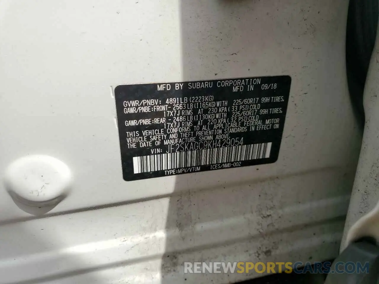 12 fotografías del automóvil dañado JF2SKAGC9KH429054 SUBARU FORESTER 2019