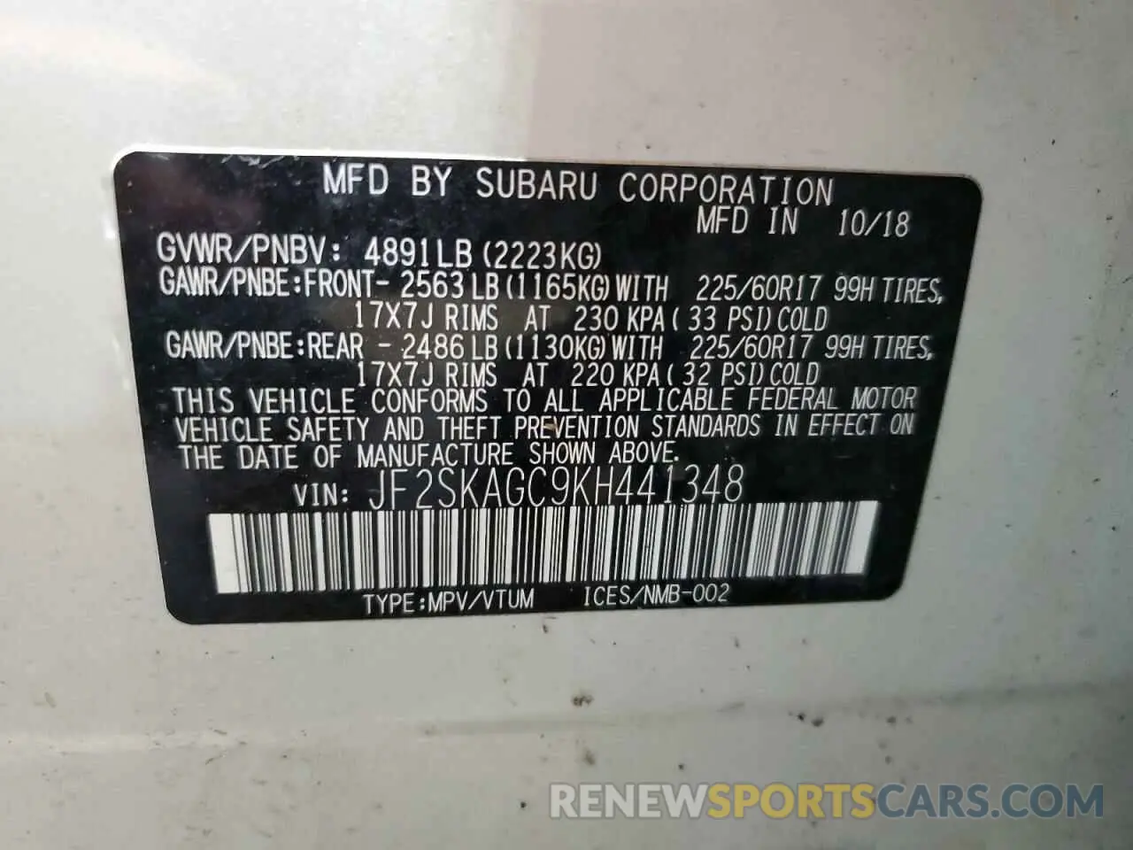 13 fotografías del automóvil dañado JF2SKAGC9KH441348 SUBARU FORESTER 2019