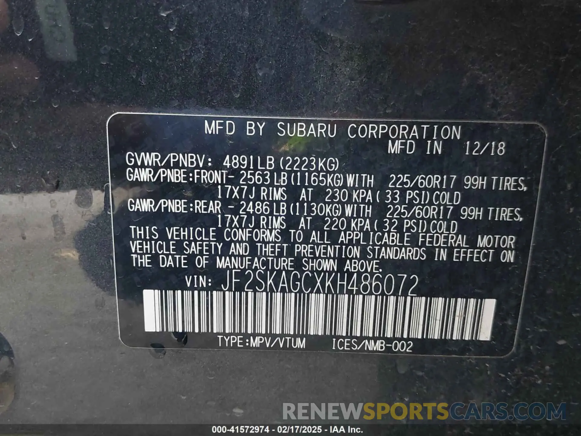 9 fotografías del automóvil dañado JF2SKAGCXKH486072 SUBARU FORESTER 2019