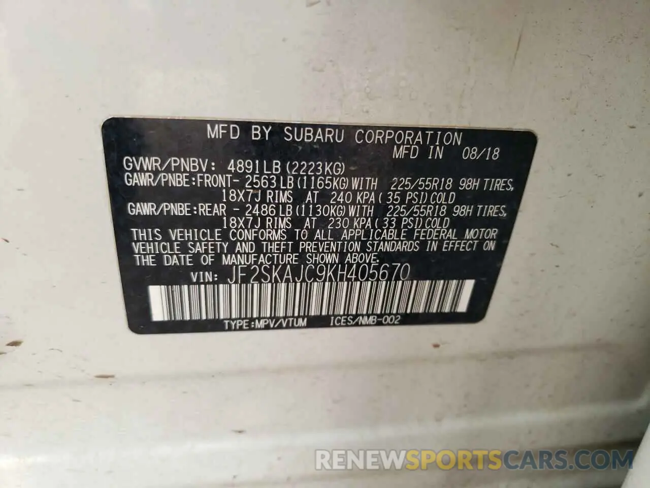 14 fotografías del automóvil dañado JF2SKAJC9KH405670 SUBARU FORESTER 2019