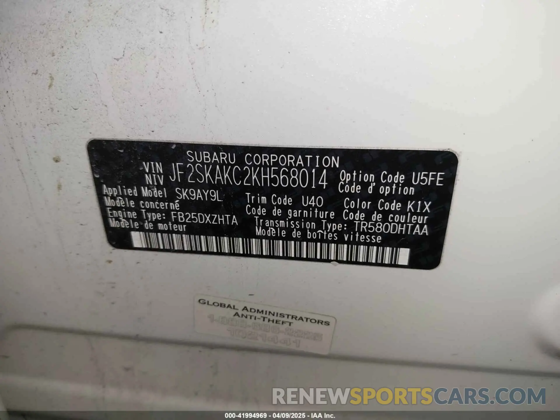 9 fotografías del automóvil dañado JF2SKAKC2KH568014 SUBARU FORESTER 2019