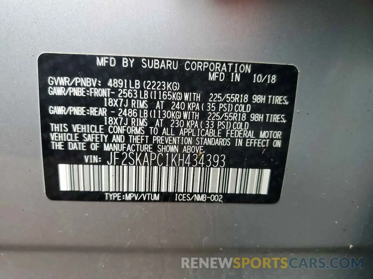 13 fotografías del automóvil dañado JF2SKAPC1KH434393 SUBARU FORESTER 2019