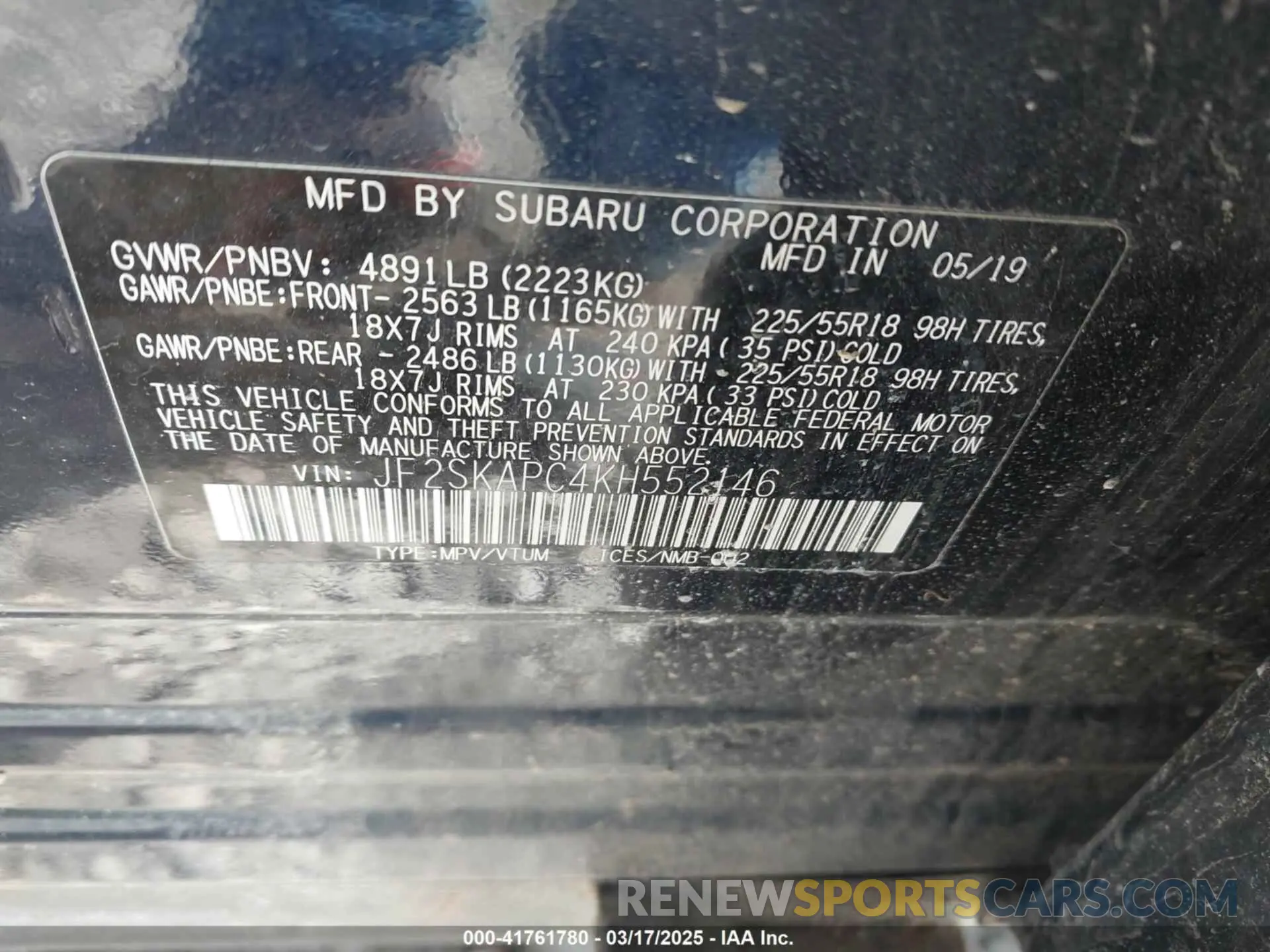 9 fotografías del automóvil dañado JF2SKAPC4KH552146 SUBARU FORESTER 2019