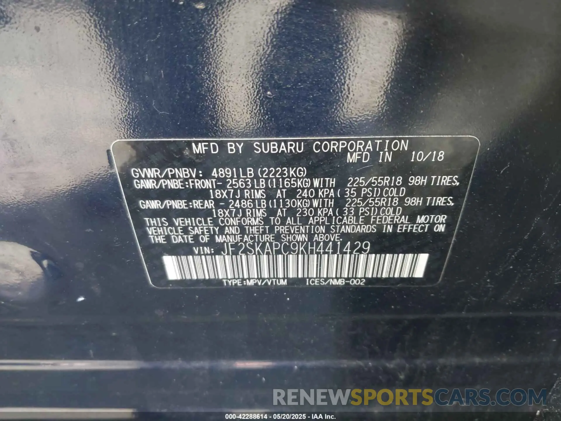 9 fotografías del automóvil dañado JF2SKAPC9KH441429 SUBARU FORESTER 2019