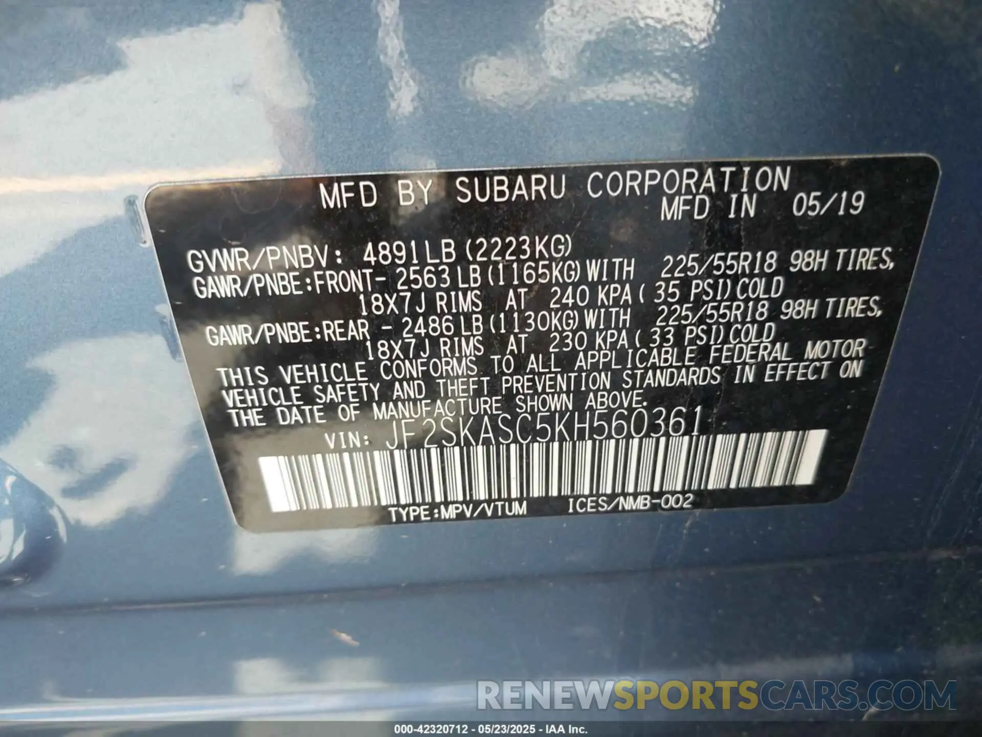 9 fotografías del automóvil dañado JF2SKASC5KH560361 SUBARU FORESTER 2019