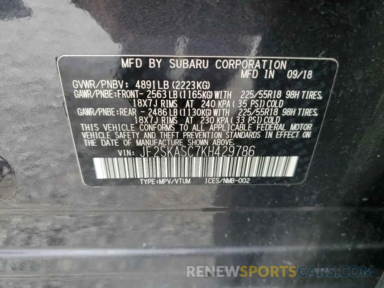 12 fotografías del automóvil dañado JF2SKASC7KH429786 SUBARU FORESTER 2019