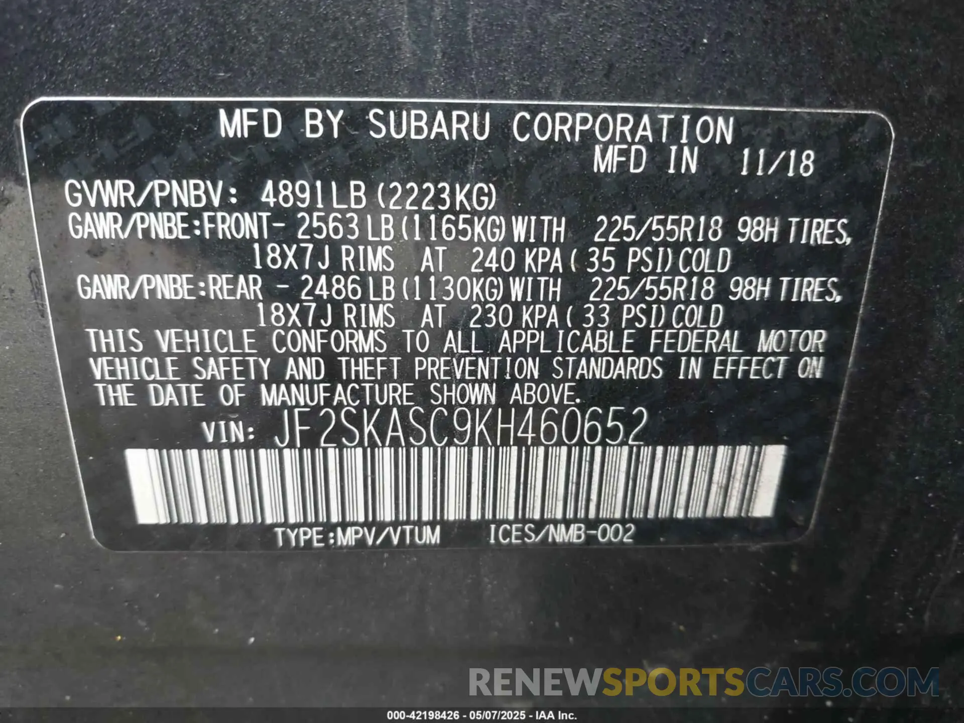 9 fotografías del automóvil dañado JF2SKASC9KH460652 SUBARU FORESTER 2019