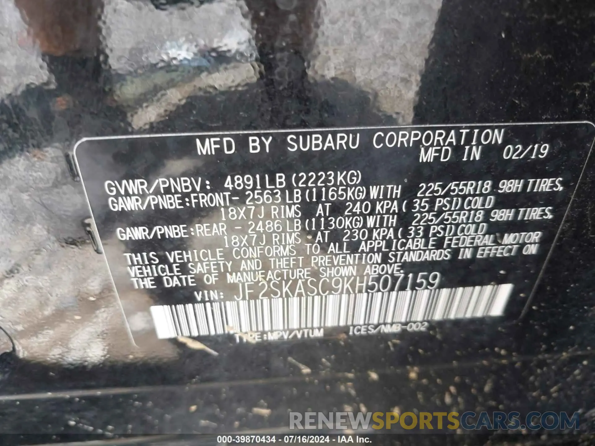 9 fotografías del automóvil dañado JF2SKASC9KH507159 SUBARU FORESTER 2019