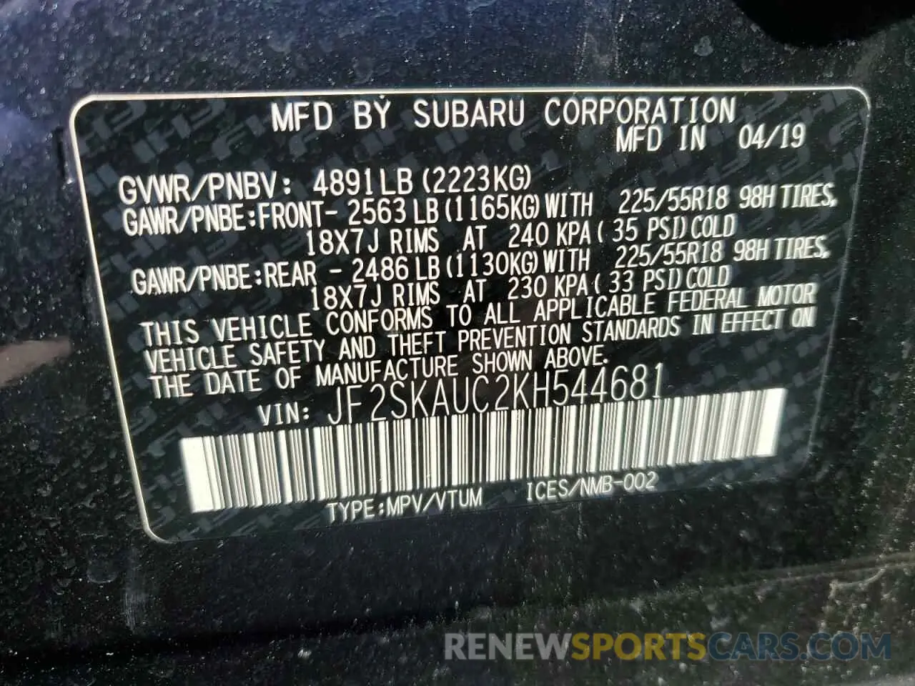 13 fotografías del automóvil dañado JF2SKAUC2KH544681 SUBARU FORESTER 2019