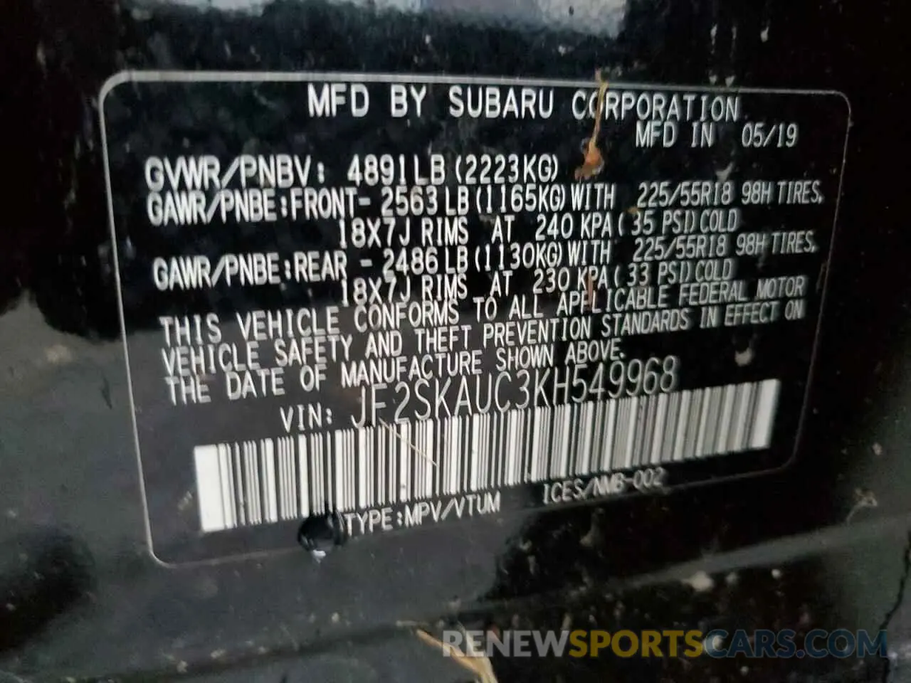 14 fotografías del automóvil dañado JF2SKAUC3KH549968 SUBARU FORESTER 2019
