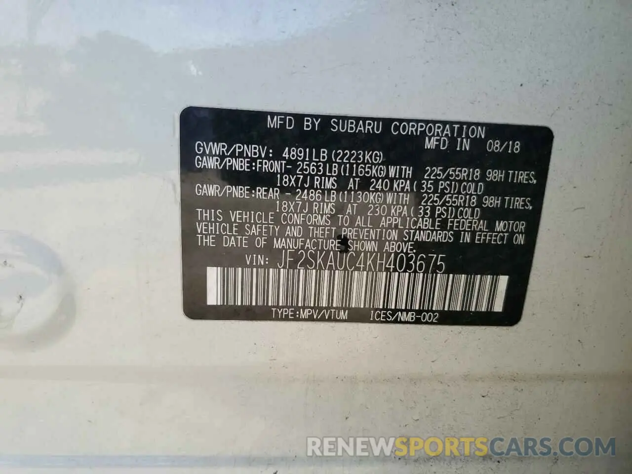 14 fotografías del automóvil dañado JF2SKAUC4KH403675 SUBARU FORESTER 2019