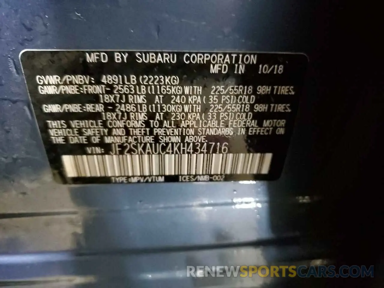 15 fotografías del automóvil dañado JF2SKAUC4KH434716 SUBARU FORESTER 2019