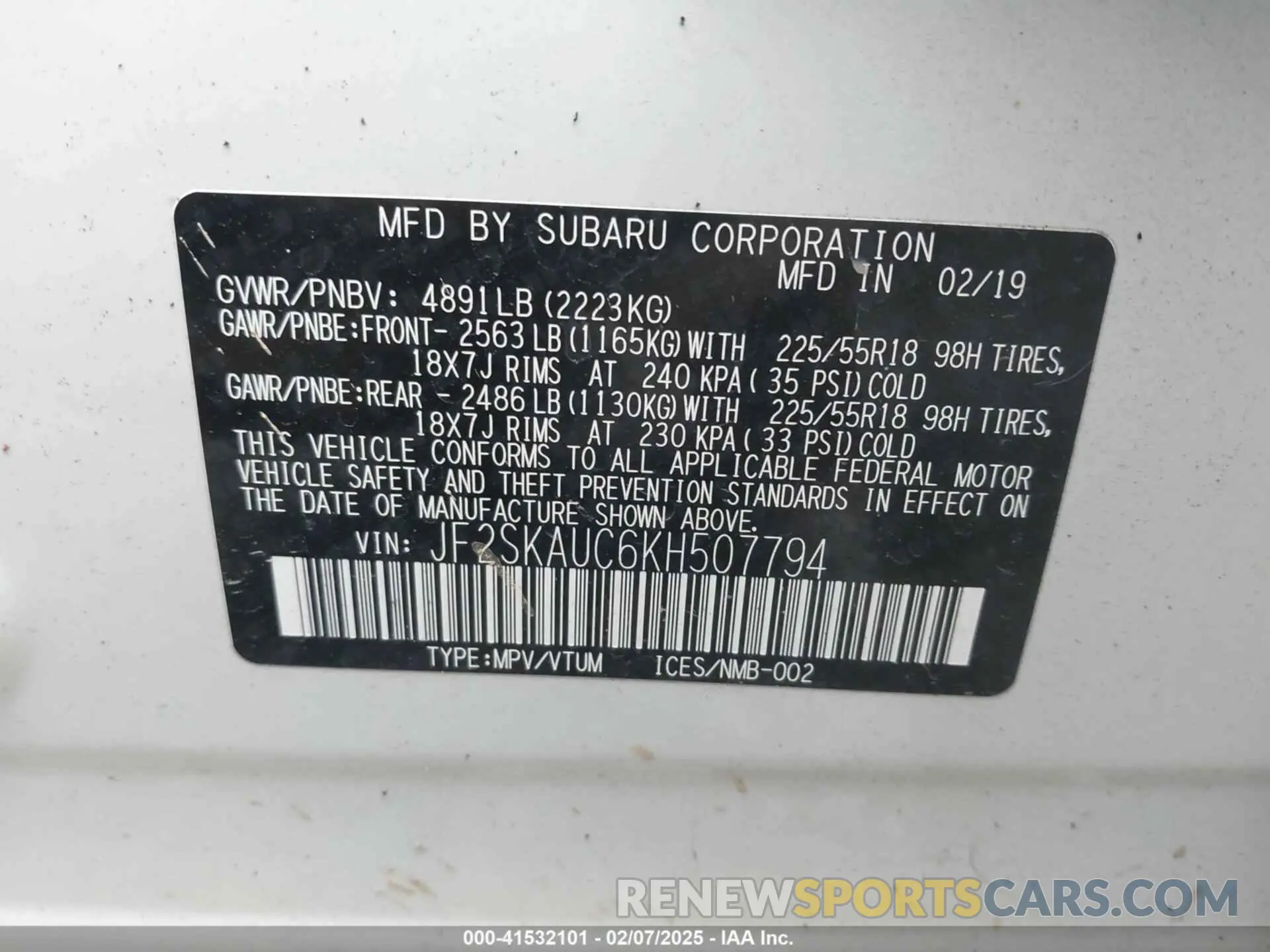 9 fotografías del automóvil dañado JF2SKAUC6KH507794 SUBARU FORESTER 2019
