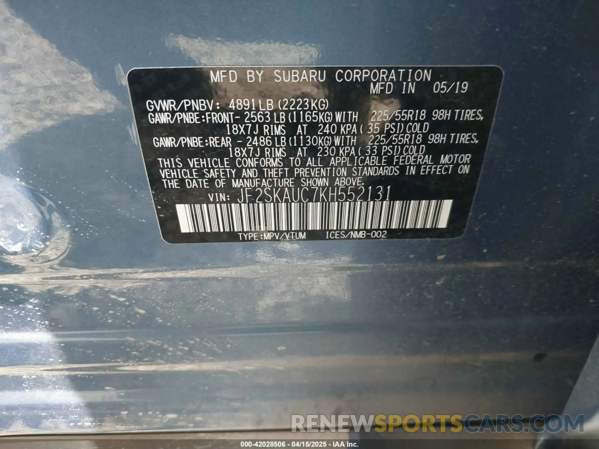 9 fotografías del automóvil dañado JF2SKAUC7KH552131 SUBARU FORESTER 2019