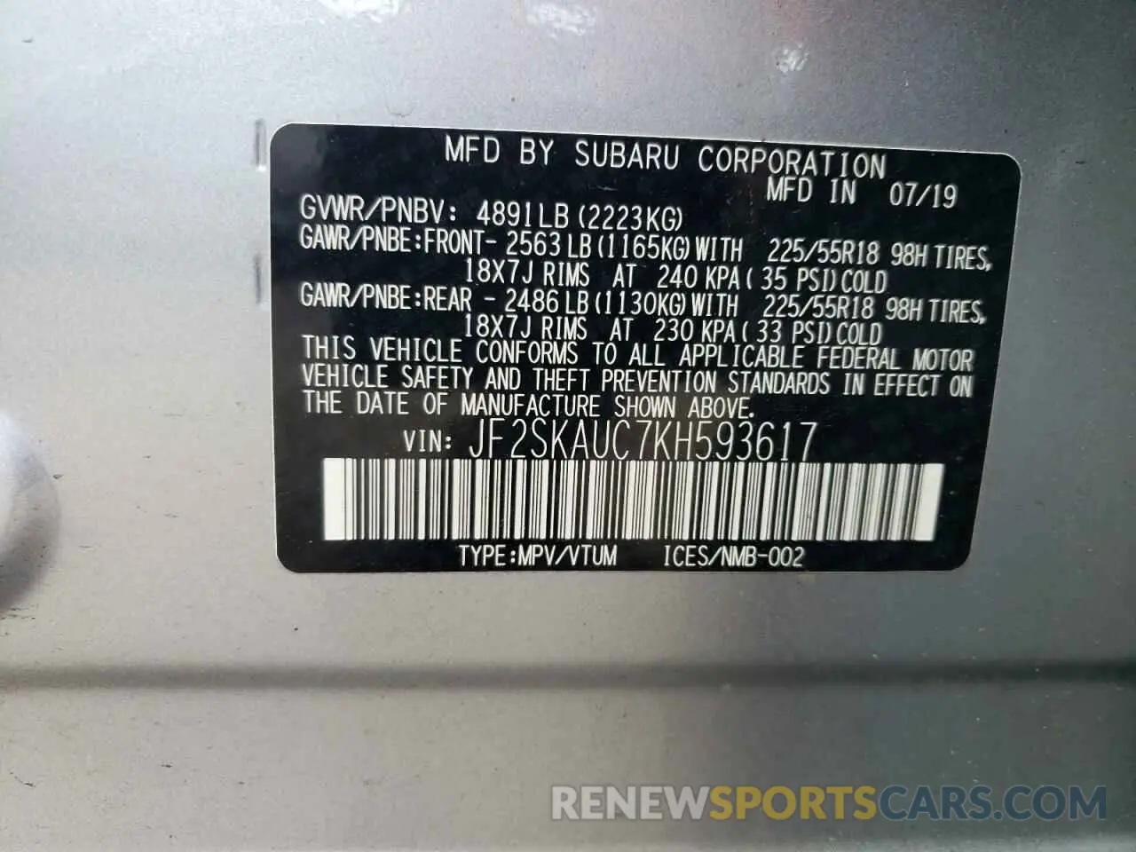 14 fotografías del automóvil dañado JF2SKAUC7KH593617 SUBARU FORESTER 2019