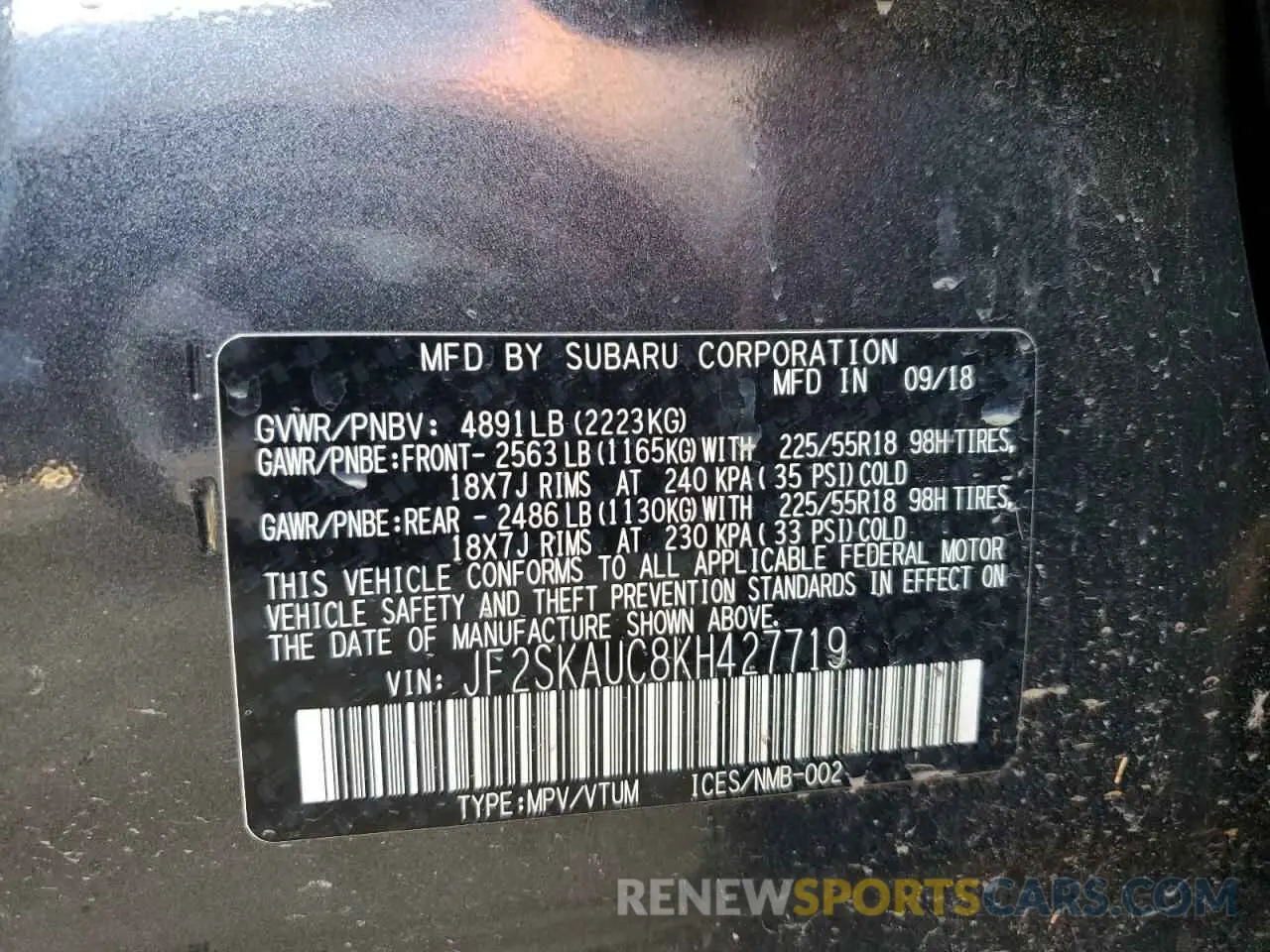 15 fotografías del automóvil dañado JF2SKAUC8KH427719 SUBARU FORESTER 2019