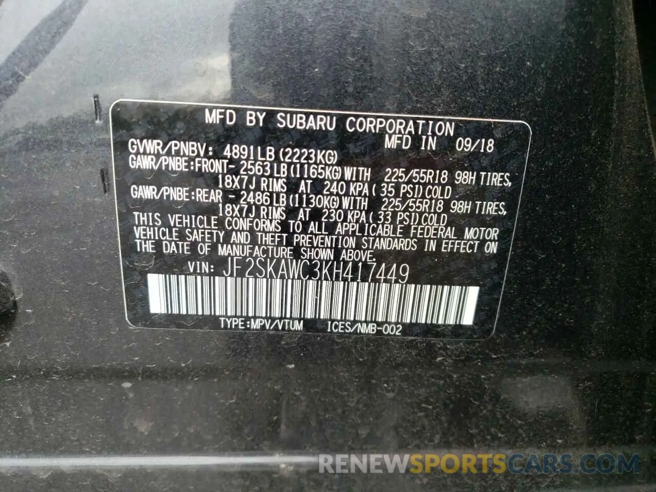 13 fotografías del automóvil dañado JF2SKAWC3KH417449 SUBARU FORESTER 2019