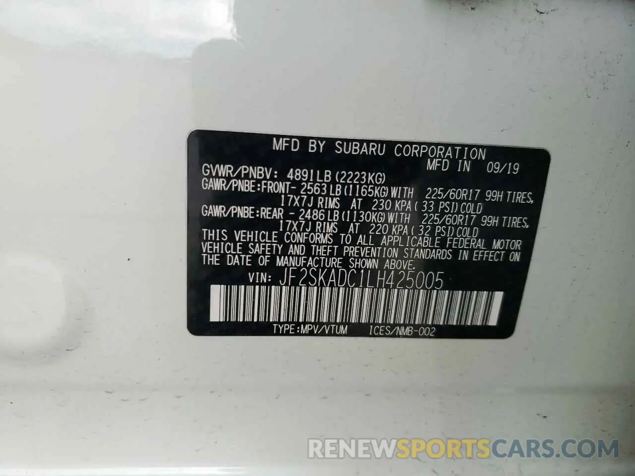 16 fotografías del automóvil dañado JF2SKADC1LH425005 SUBARU FORESTER 2020