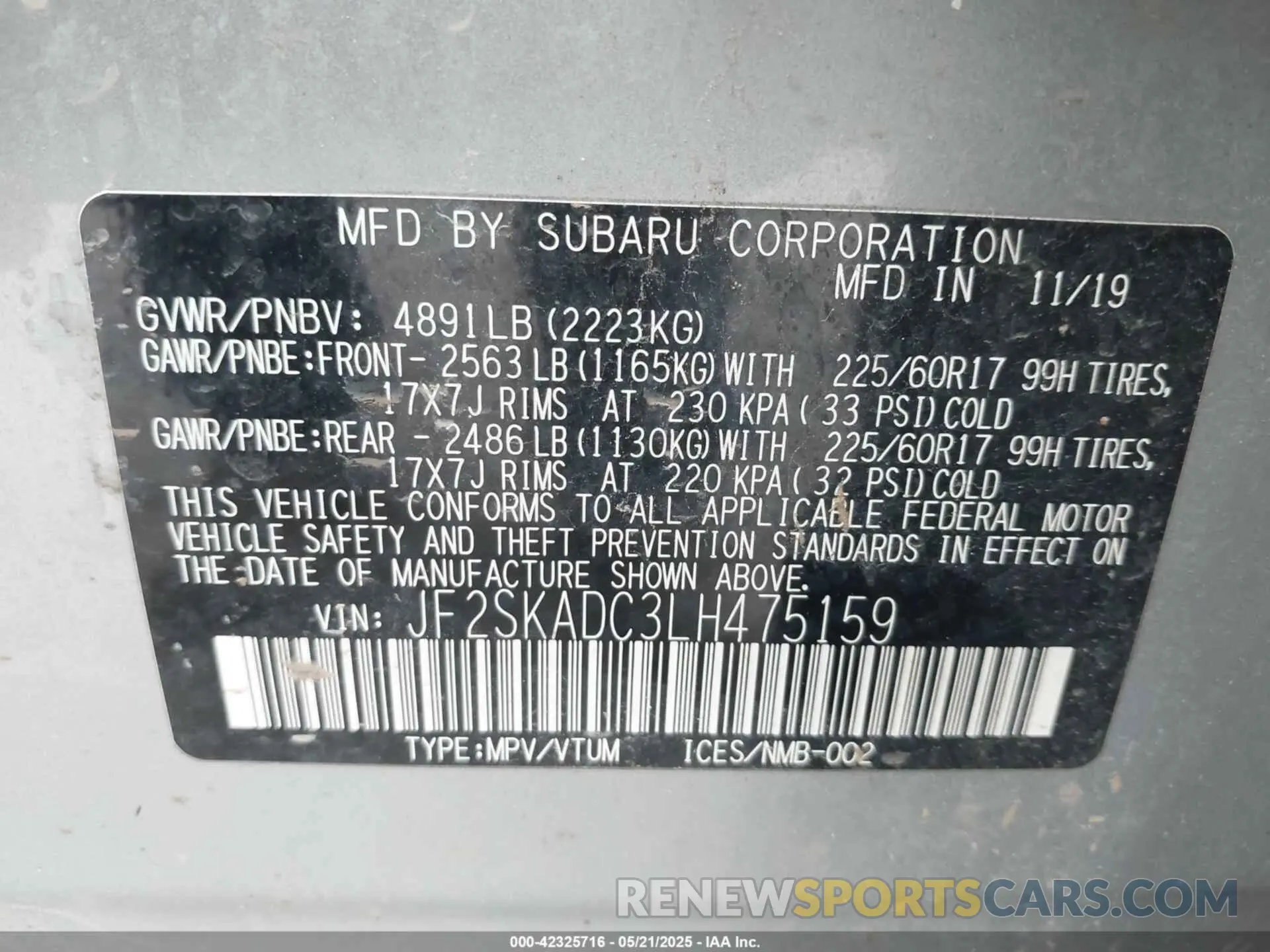9 fotografías del automóvil dañado JF2SKADC3LH475159 SUBARU FORESTER 2020