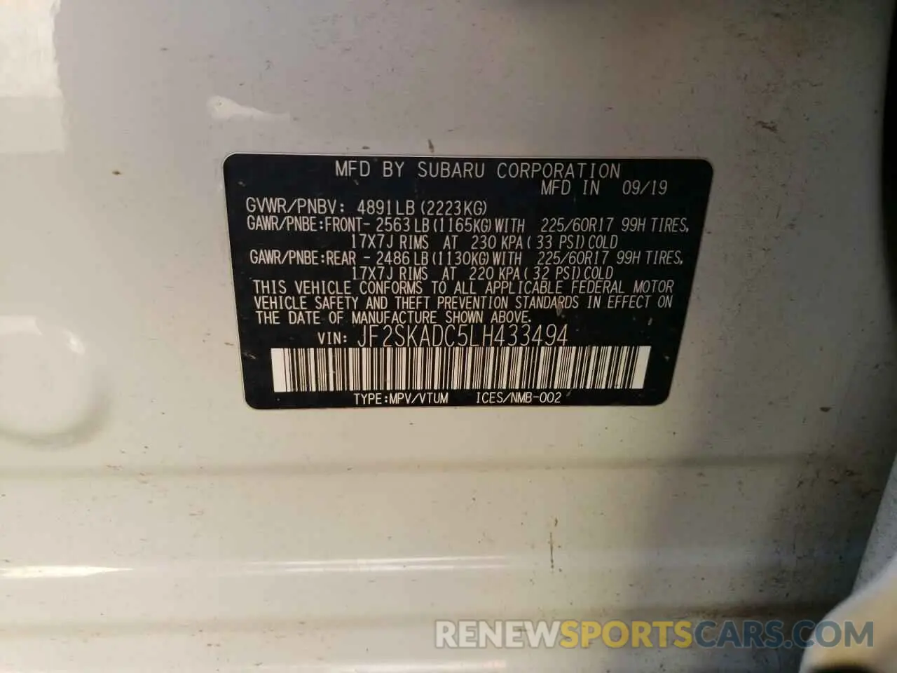 15 fotografías del automóvil dañado JF2SKADC5LH433494 SUBARU FORESTER 2020